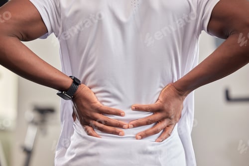 Preview: Back pain, hands and fitness injury in gym after accident, workout or training. Sports, health and