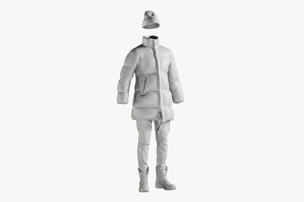 Preview: Men's Winter Outfit: Down Coat, Jeans, Pullover, Hat, and Boots