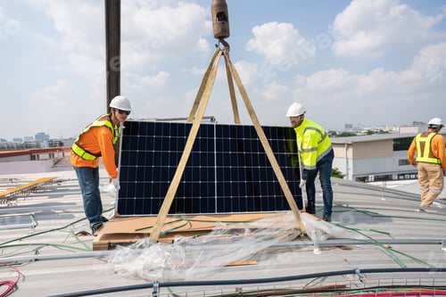 Preview: Team technicians carrying photovoltaic solar moduls on roof.