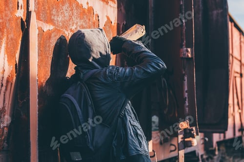 Preview: Homeless drunkard drinking alcohol next to old train wagon