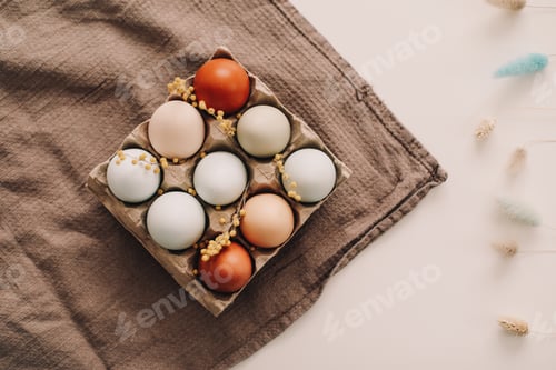 Preview: fresh chicken eggs of natural shades and colors in a recycled box on a white background
