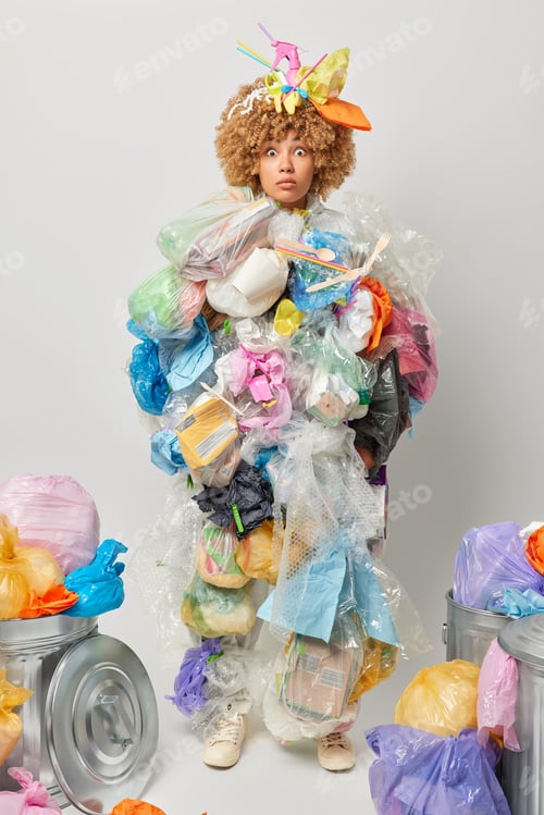 Preview: Shocked amazed woman finds out that we live in pollute environment covered with litter stares and fe