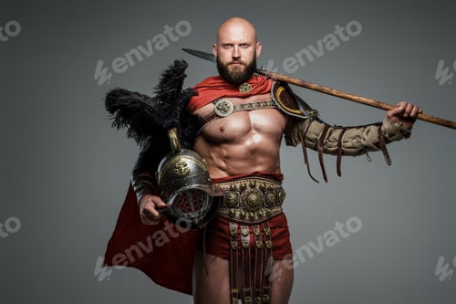 Preview: Confident bald gladiator with light armor holding a spear and gladiator helmet
