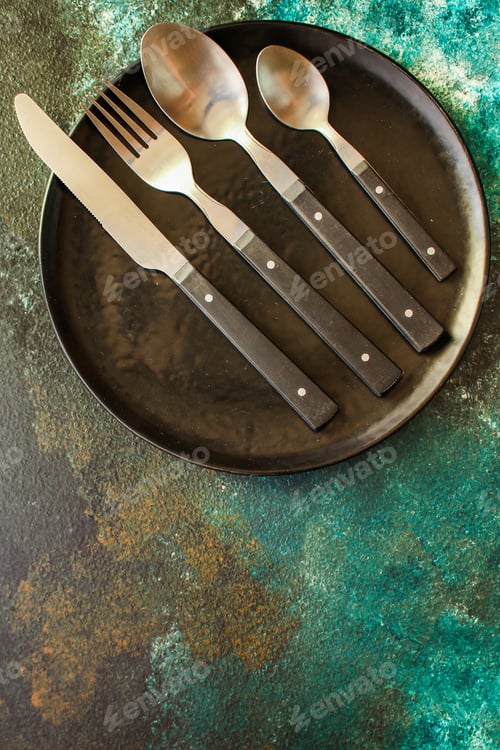 Preview: Cutlery Rustic, Used For Eating Or Serving (Fork, Knife, Spoon, Plate - Set). Food Background. Copy