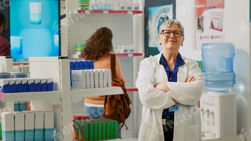 Preview: Female pharmacist arranging boxes of medicaments on shelves