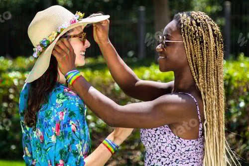 Preview: Young african american lesbian woman in the park with her girlfriend. Multiracial gay couple.