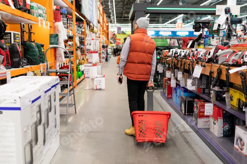 Preview: a buyer in a construction hypermarket walks between the rows with a basket on wheels