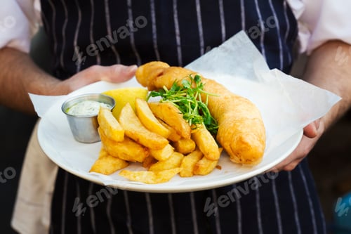 Preview: A cooked meal, a dish of fish and chips with garnish and tartare sauce.