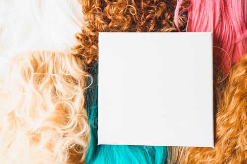 Preview: Mockup of a card over a lot of colorful wig