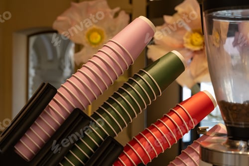 Preview: colorful Disposable Coffee Cups Stacked in Holder