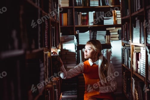 Preview: beautiful and blonde woman in glasses and orange dress looking away in library