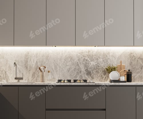 Preview: kitchen cabinets in gray color, modern kitchen interior, 3d render
