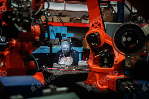 Preview: Industrial engineers control the automatic arms machine welding robotics in industrial.