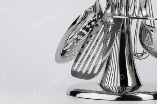 Preview: Aluminum holder with set of kitchen utensils on white background