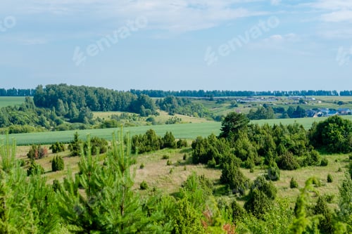 Preview: Rural landscape of Tatarstan. Green hills with trees and meadows, top view