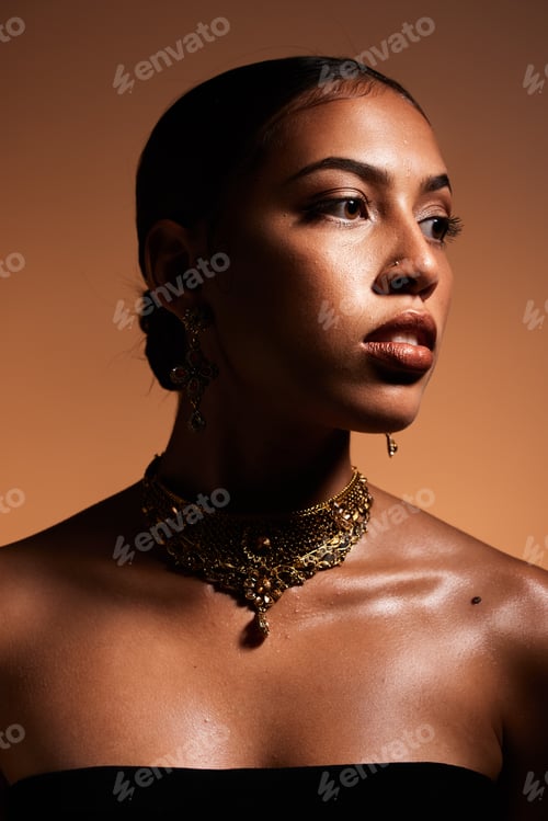 Preview: Fashion, elegant and woman with jewellery in a studio with classy, fancy and stylish accessories. L