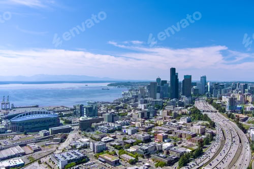 Preview: Aerial view of the Seattle, WA skyline in June