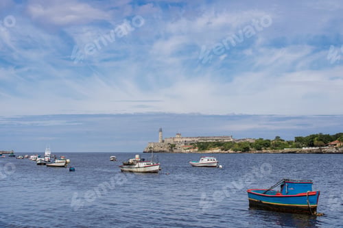 Preview: Beautiful view of ships in the sea and Morro Castle of Old Havana in Cuba