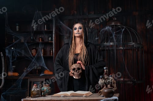 Preview: Halloween concept. Witch dressed black hood with dreadlocks standing dark dungeon room use magic boo