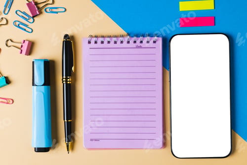 Preview: Composition of smartphone with copy space, notebook and school tools on yellow and blue surface