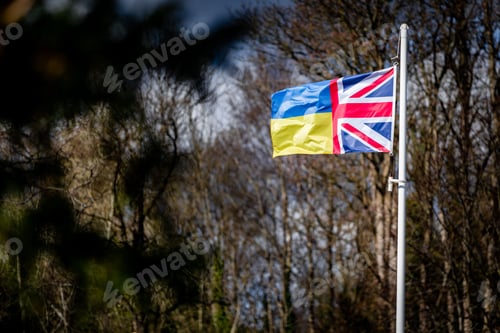 Preview: Flag of UK and Ukraine on the pole in the park full of trees