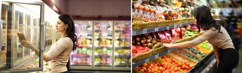 Preview: Collage Of Women Choosing A Dairy Products At Supermarket. Reading Product Information