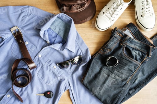 Preview: Flat lay of men casual fashion outfits on wooden background