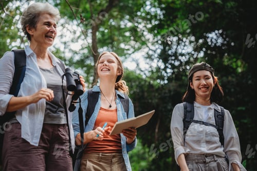 Preview: woman family or friends group trekking travel in adventure lifestyle, nature hiking in vacation