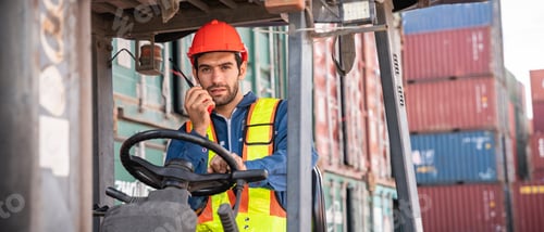 Preview: Engineer or foreman working and use talkie with a forklift in at container yard.