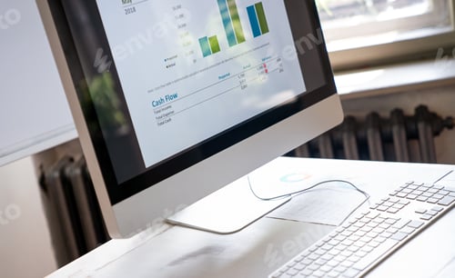 Preview: Close-up of the screens of personal computer with diagram, statistics at workplace in the office.