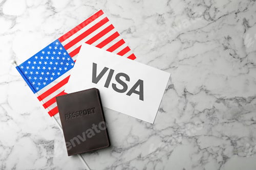 Preview: Flat lay composition with flag of USA, passport and word VISA on marble background. Space for text