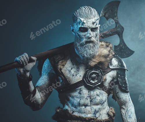 Preview: Mythical winter warrior with huge axe on his shoulder in fog