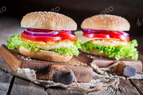 Preview: Tasty burger with fried egg and vegetables