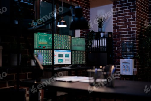 Preview: Interior of forex stock market workstation with multiple monitors and financial charts on displays.