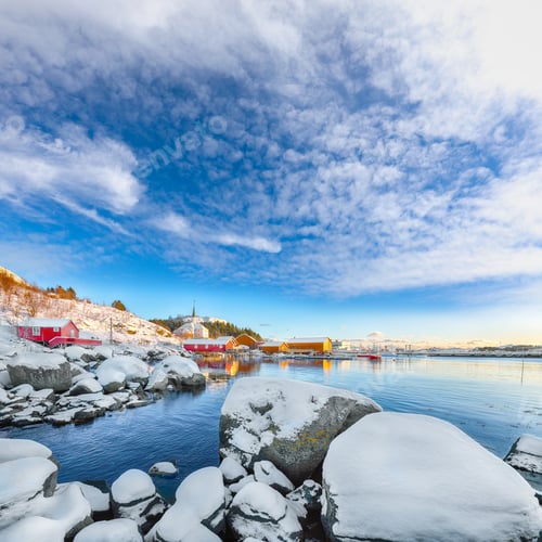Preview: Outstanding winter scenery of Moskenes village with ferryport and famous Moskenes parish Church.