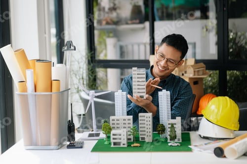 Preview: Male architect hands making model house. Man architect working in the office.