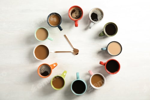 Preview: Flat lay composition with cups of coffee on light background. Food photography