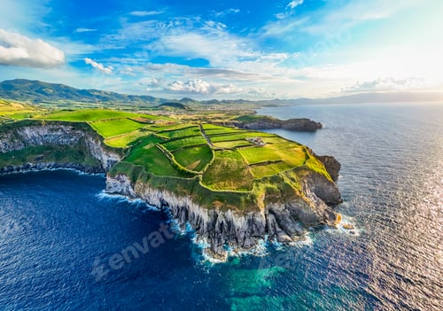 Preview: Panorama of Cape Cintrao and Atlantic Ocean. Azores, Sao Miguel Island. Portugal. Aerial View