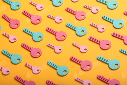 Preview: check-lock and different keys on a coloured background, the concept of protection