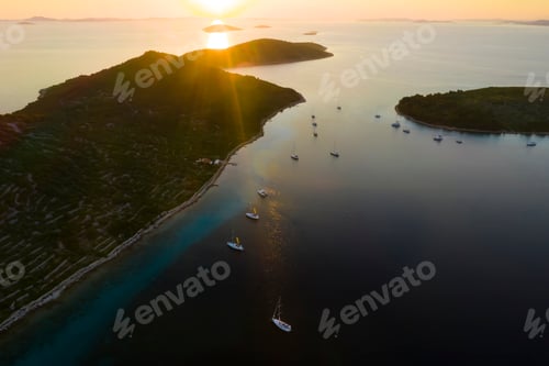 Preview: Aerial view of Kornati island archipelago at sunrise. Kornati National Park, Croatia.