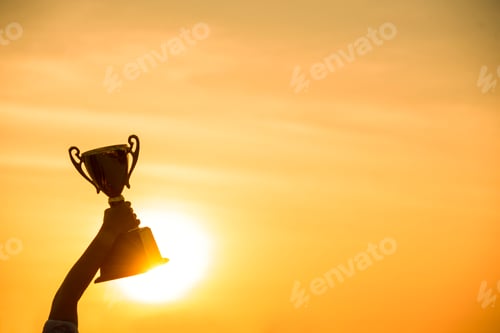 Preview: Winner win holding golden champion trophy cup prize. Silhouette best award victory trophy