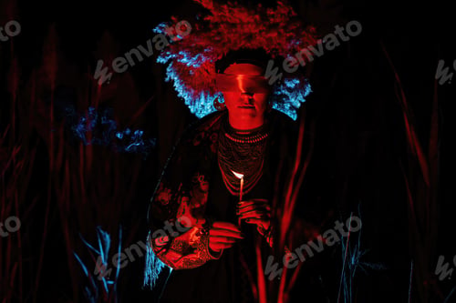 Preview: Ukrainian woman as motanka with candle. Ribbon around eyes as on ritual rag doll