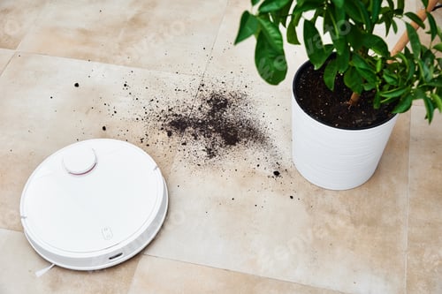 Preview: Robot vacuum cleaner cleans dirt on floor. Smart home concept