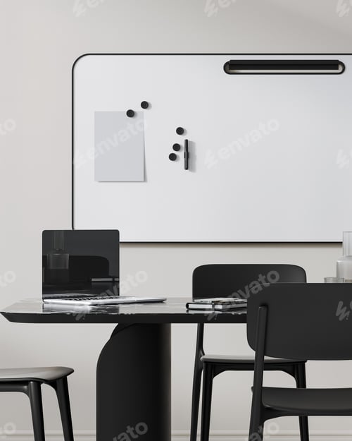 Preview: Office meeting room with long conference table and chairs, laptop and notebooks, whiteboard, 3d