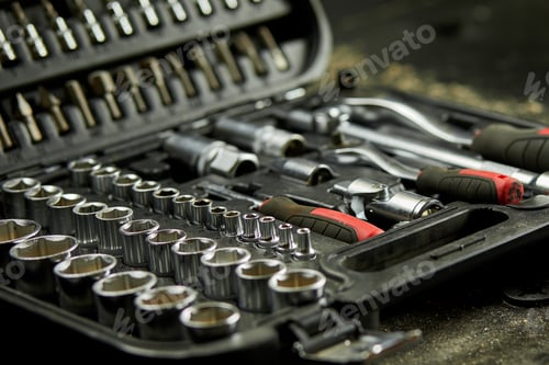 Preview: Open set box with working tools different types