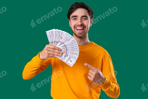 Preview: Rich White American Man With Usd Money. Wealthy Guy With Salary On Green Wall