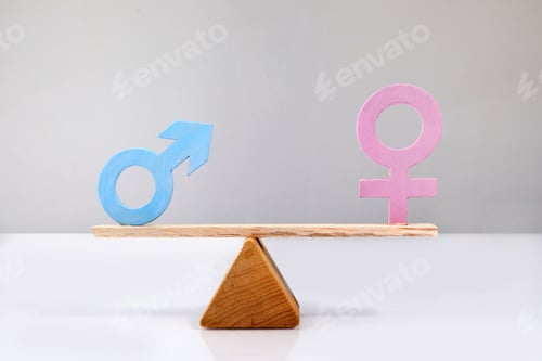 Preview: Gender equality concept. Male and female symbol on the scales with balance