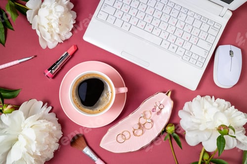 Preview: Fashion feminine workspace flat lay. Female home office with laptop, coffee cup, peony