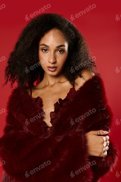 Preview: Trendy autumn fashion showcase featuring a stylish African American woman in a studio