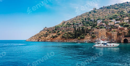 Preview: Panoramic view of blue sea and sky on Alanya coastline. Landscape view of Mediterranean coast